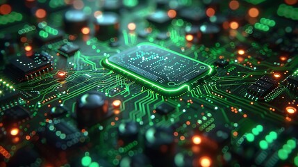 Obraz premium A cybernetic depiction of silicon chip pathways, with intense green and blue pulsating signals, integrated into a dark, industrial setting with visible mechanical components.
