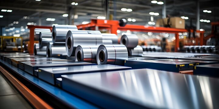 Manufacturing Galvanized Steel Sheet Rolls in a Factory Setting. Concept Factory Setting, Galvanized Steel, Sheet Rolls, Manufacturing Process, Machinery Operations