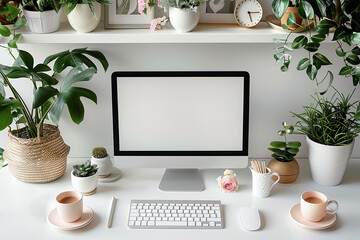 Computer desk with a mockup monitor, keyboard, mouse, and a few potted plants. The desk is well-organized and has a clean, minimalist look