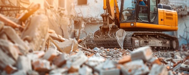 demolition site with rubble and a backhoe on a sunny day, depicting urban renewal and construction.