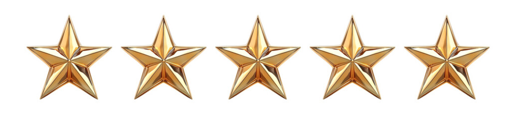 uniform five gold stars isolated, reflective, and shiny golden stars for customer reviews, customer satisfaction 5 stars