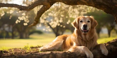 Artistic Representation of Pet Loss and Grief in a Serene Natural Setting with a Golden Retriever. Concept Pet Loss, Grief, Serene Setting, Golden Retriever, Artistic Representation