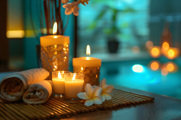 Burning candles aroma on table in spa room.