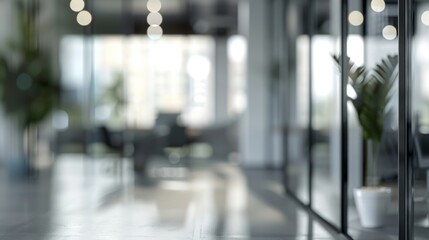 blurred background of a modern office interior in gray tones with panoramic windows