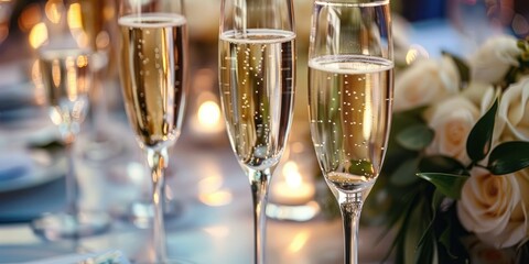 Elegant table setting with sparkling champagne glasses and delicate floral arrangements at a glamorous gala event.