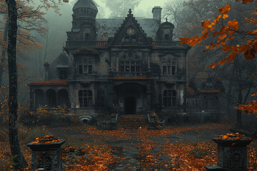 Fototapeta premium A decaying mansion lost in the depths of a mist-shrouded forest, where the trees seem to whisper of ancient secrets. Concept of sylvan decay. Generative Ai.