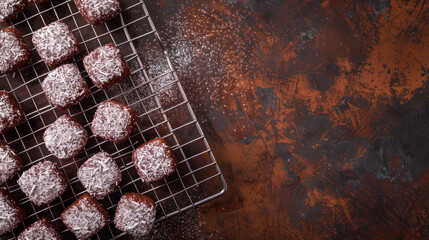 australian lamingtons with coconut topping on a cooling rack