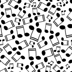 Beam music notes floating over white background. Vector seamless pattern in black and white for use in fabric or graphic design or printing on various surfaces.