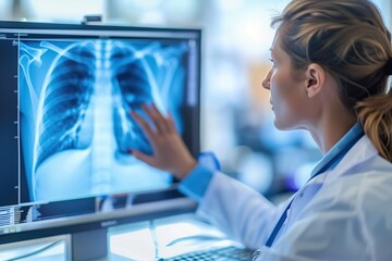 View of a serious doctor female examining the results of an MRI. A male specialist working in a hospital examines a patient's chest x-ray. Medicine and hospital concept. Healthcare. Place for text