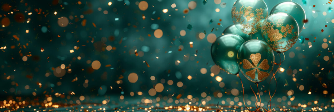 St. Patrick's Day card with Irish gold colored balloons on green background, confetti and clover with yellow coins, space for text. Banner, casual style, emotionally