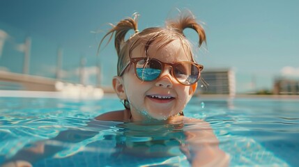 Little Girl Wearing Yellow Goggles in Swimming Pool