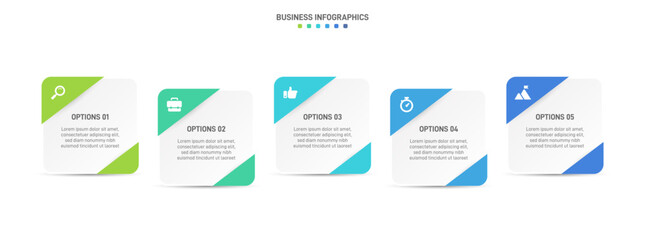 Horizontal progress bar featuring 5 arrow-shaped elements, symbolizing the five stages of business strategy and progression. Clean timeline infographic design template. Vector for presentation