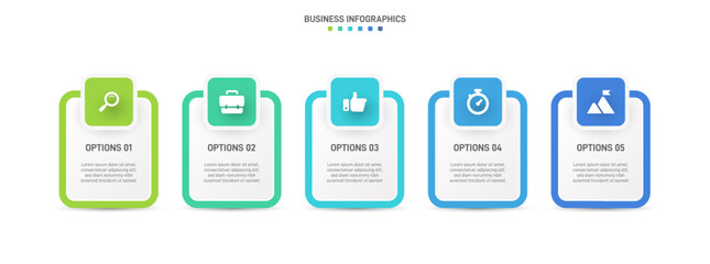 Horizontal progress bar featuring 5 arrow-shaped elements, symbolizing the five stages of business strategy and progression. Clean timeline infographic design template. Vector for presentation