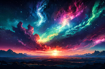 A depiction of a galaxy cloud with aurora-like lights streaming across the sky vector art illustration generative AI.

