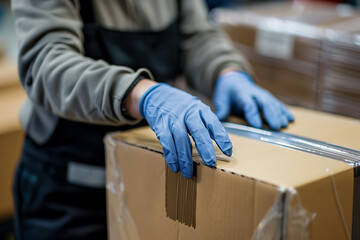 warehouse worker touching the cardboard box and preparing for shipment. Product distribution center with goods in cartons. Logistics and distribution service. Ai generated