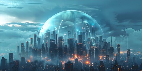 Symbolic Representation of NIS Directive Compliance: Digital City Protected by a Dome. Concept NIS Directive Compliance, Digital City, Protected Dome, Symbolic Representation