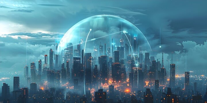 Symbolic Representation of NIS Directive Compliance: Digital City Protected by a Dome. Concept NIS Directive Compliance, Digital City, Protected Dome, Symbolic Representation