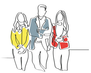 Hand drawn line art vector of a corporate team. Teamwork in office.