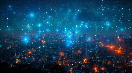 Obraz premium A digital collage of a neural network, with interconnected nodes glowing in various shades of blue, overlaid on a complex cityscape at night.