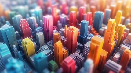 Aerial view of colorful 3D cityscape with tall, vibrant buildings in a simulated urban environment