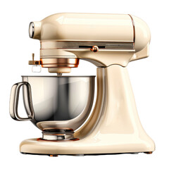 Cream-colored stand mixer with copper accents and a glass bowl. isolated transparent background