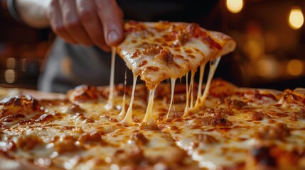 Close Up Of A Hand Lifting A Slice Of Pizza With Stretchy Cheese