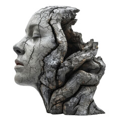 Fototapeta premium A surreal, abstract sculpture of a woman's face merging with rough, weathered bark. isolated transparent background