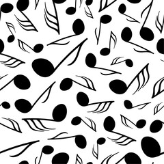Monochrome vector seamless pattern with differently sized music notes floating over a white backdrop. Surface art design in black and white for use in fabric or graphic design. 