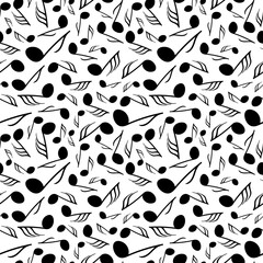 Monochrome seamless pattern with differently sized music notes floating over a white backdrop. Surface art design in black and white for use in fabric or graphic design. 