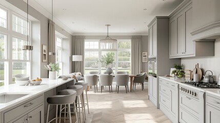 Fototapeta premium A bright and airy country kitchen with light grey cabinets, a white quartz island, and a dining area with a long dining table, flowing into a living area with large windows and contemporary furniture.