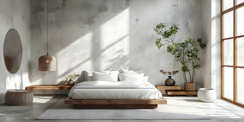 Contemporary Bedroom Design with White Walls, Concrete Floor, and King Size Bed. Concept Bedroom Design, Contemporary Style, White Walls, Concrete Floor, King Size Bed