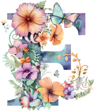 recommend clip art: Watercolor floral alphabet letter F with tropical flowers and butterfly