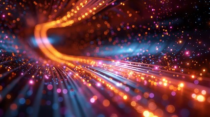 Obraz premium A digital collage of Photon Flux, combining real-world imagery of fiber optic cables with digitally enhanced bright lights representing photon movement, blending technology and art.