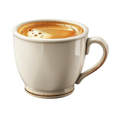 Obraz premium A close-up of a cup of coffee with a thick layer of crema. The coffee is in a white mug with a handle. The background is a simple black. isolated on White background.