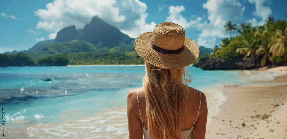 Wall mural woman standing on beach with hat