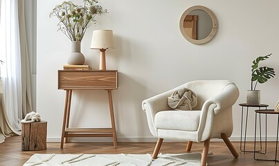 Stylish compositon of modern living room interior with frotte armchair, wooden commode, side table and elegant home accessories. Home staging. Template. Copy space..Dining room in the background. 