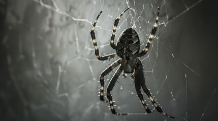 Creepy spider dangling from its web on a shadowy gray backdrop.