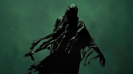 Creepy silhouette of a ghostly figure in a tattered cloak against a dark green setting.