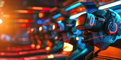 Virtual Reality Arcade: An arcade featuring immersive virtual reality experiences, with players wearing advanced headsets and interacting with digital environments