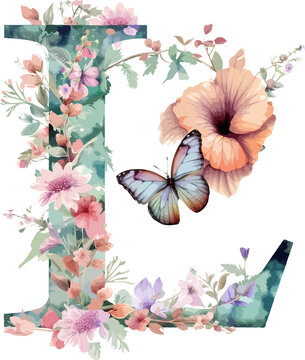 recommend clip art: Watercolor floral alphabet letter L with tropical flowers and butterfly