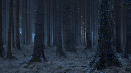 A dark forest with tall trees, a misty atmosphere, and a mysterious and eerie ambiance in a night scene