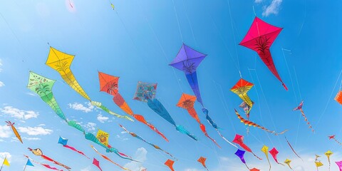 Colorful kites soaring high in the sky at a vibrant kite festival on a sunny day.