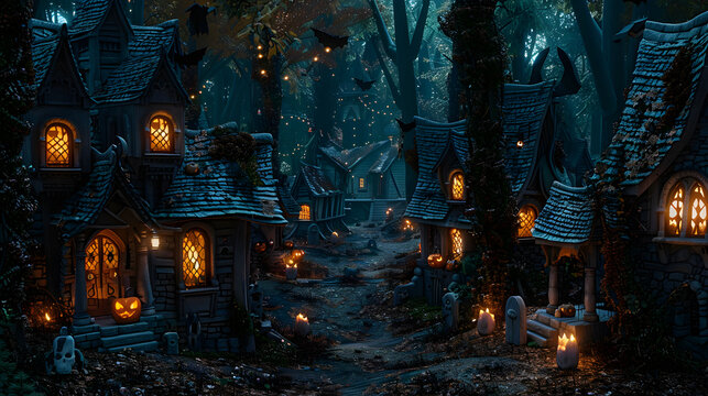 A dark fantasy village with cobblestone streets, cozy taverns lit by lantern light and cemeteries filled with weathered tombstones, glowing pumpkin, bats