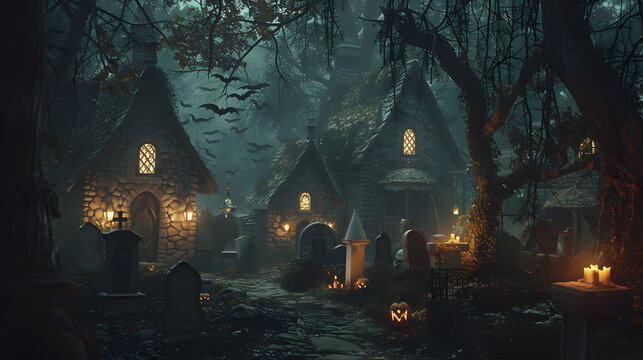 A dark fantasy village with cobblestone streets, cozy taverns lit by lantern light and cemeteries filled with weathered tombstones, glowing pumpkin, bats