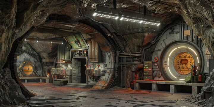 Underground Resistance Hideout: A hidden underground base for a group of rebels or activists, with secret entrances, surveillance equipment, and a command center.