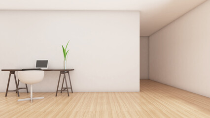 White open room and desk,white room space,3d rendering