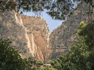 Distant view of the walkway and bridge on the El Caminito del Rey in Malaga, Andalusia, Spain