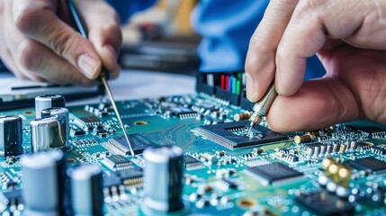 Detailed view of a technician repairing a computer motherboard, close-up, soldering a component. 
