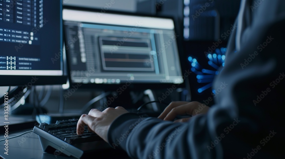 Poster close-up of a cybersecurity expert configuring firewall settings on a computer, focused and detailed