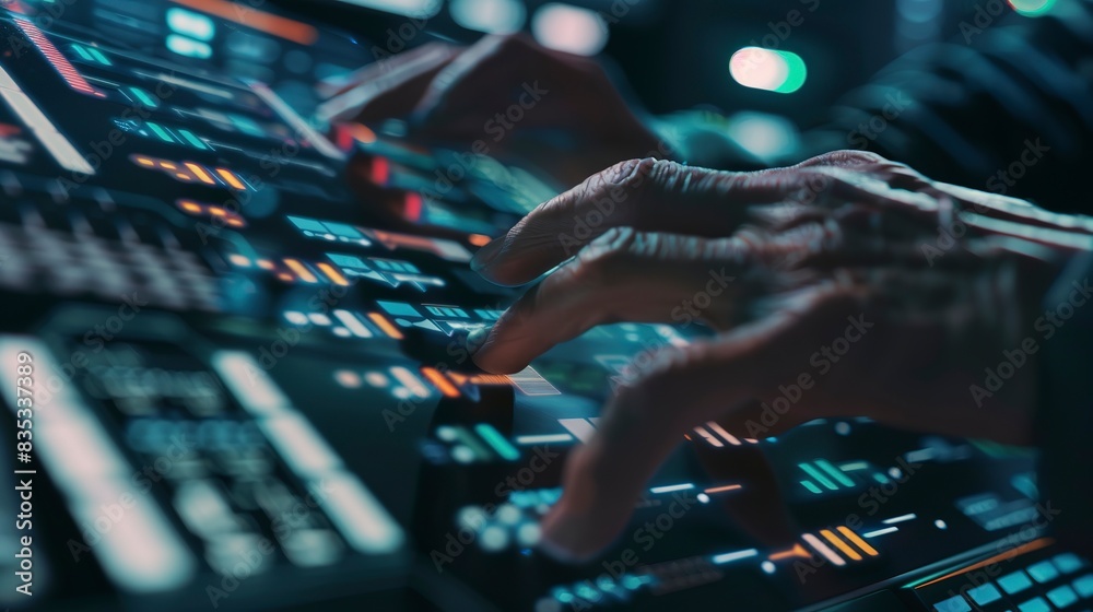 Poster close-up of a cybersecurity expert configuring firewall settings on a computer, focused and detailed